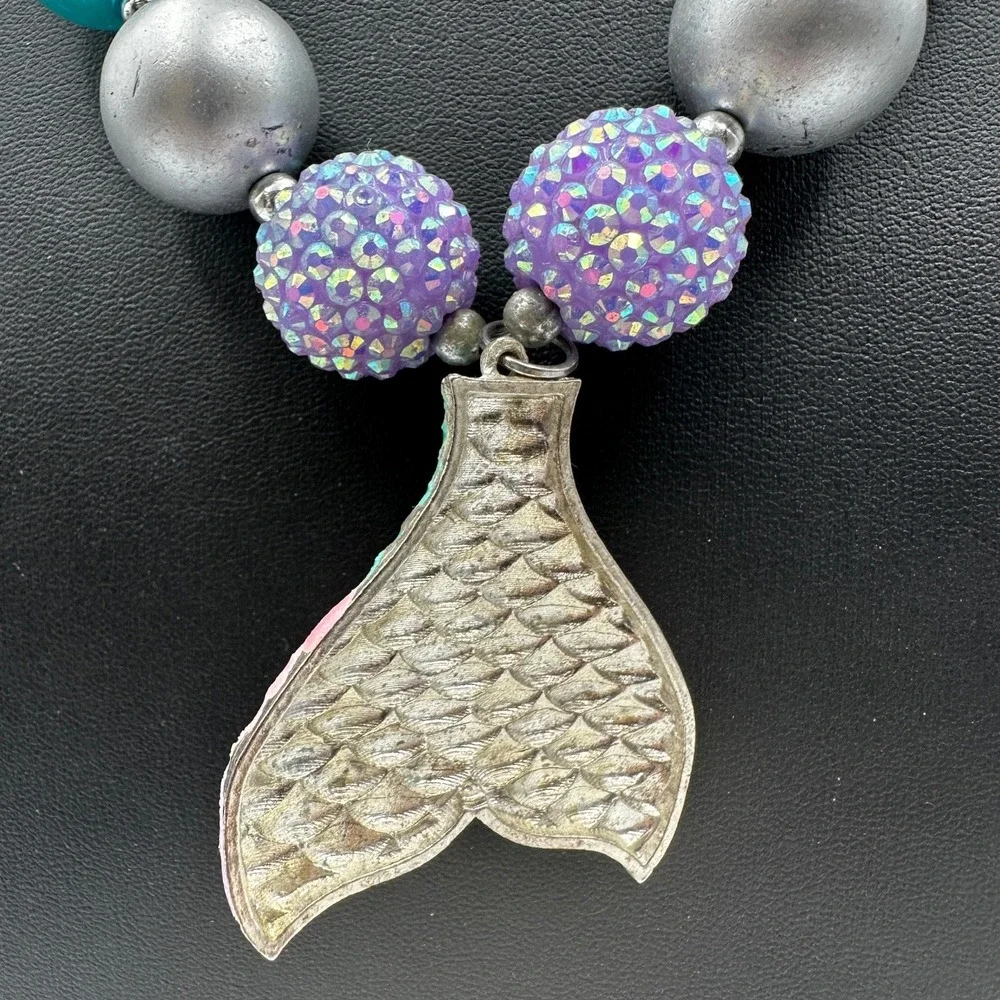 Chunky Bubblegum Bead Mermaid Tail Necklace Aqua Purple Kids Jewelry Gift